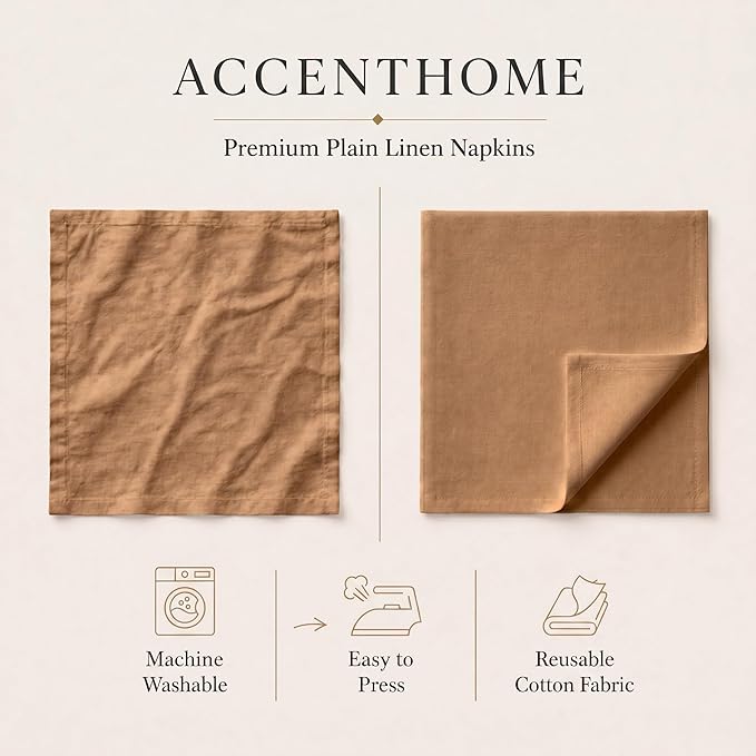ACCENTHOME Brown Cotton Linen Napkin Set of 12 18x18 inch Dinner Napkins - Washable Soft Premium Hotel Quality Reusable Napkins Perfect Table Napkins for Family Dinners, Weddings & Everyday Use