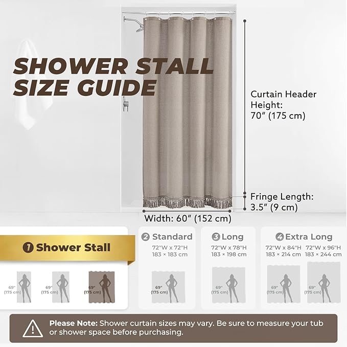 78 Inches Long Taupe Shower Curtain Linen Shower Curtain with Tassels Boho Shower Curtains for Bathroom Rustic Farmhouse Shower Curtains Bath Decor
