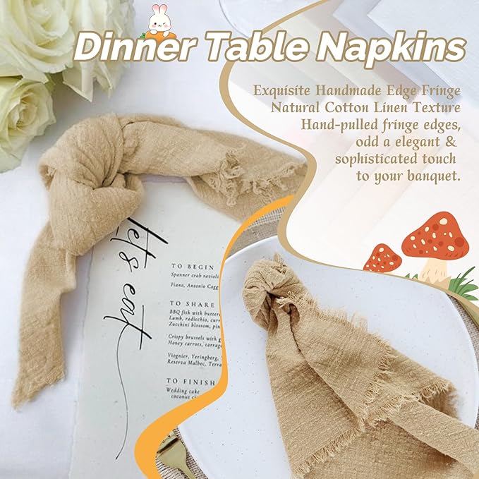 Showgeous 60 Pack Caramel Cloth Napkins with Fringe 16x16 inch 100% Cotton Caramel Napkins Handmade Dinner Napkins Bulk Washable Soft Rustic Table Napkins for Wedding Parties Bridal Baby Shower