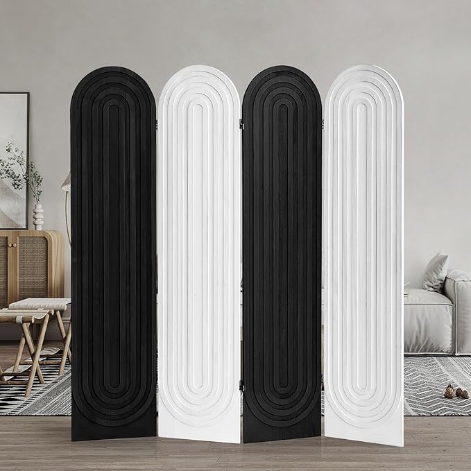 Room Divider 4 Pnale Folding Privacy Screen, Foldable Wood Arched Room Divider Wall, Portable Partition Screen, Separators Divider for Room Separation for Home Office Bedroom (Black/White)