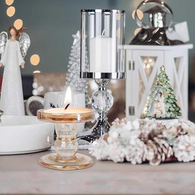 DreamsEden Crystal Candle Holder, Candlestick Stand Glass Holders for Pillar Taper Tealight Candle - Elegant Amber Candelabra Table Centerpiece Home Living Room Wedding Dinner Party Decoration