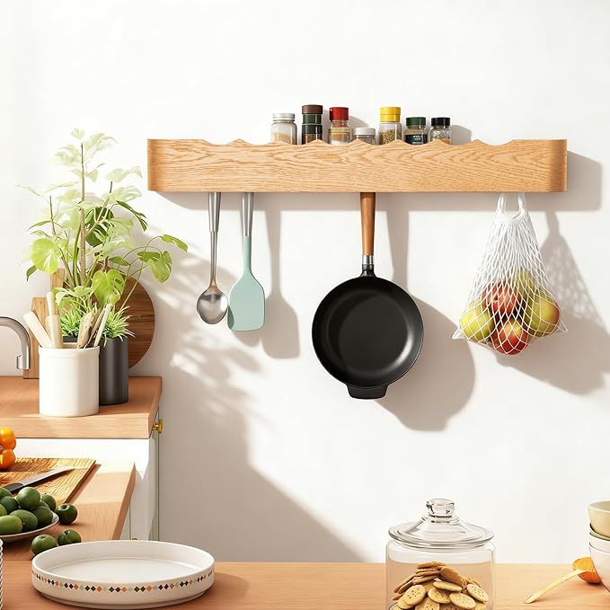 Coat Rack Wall Mount with Shelf Entryway Shelf Modern Key Holder Hanger Wall Shelves with Hidden Hooks for Hanging Towels Coats Hats Bags for Hallway Bathroom Bedroom (Wavy Oak, 8 Hooks)