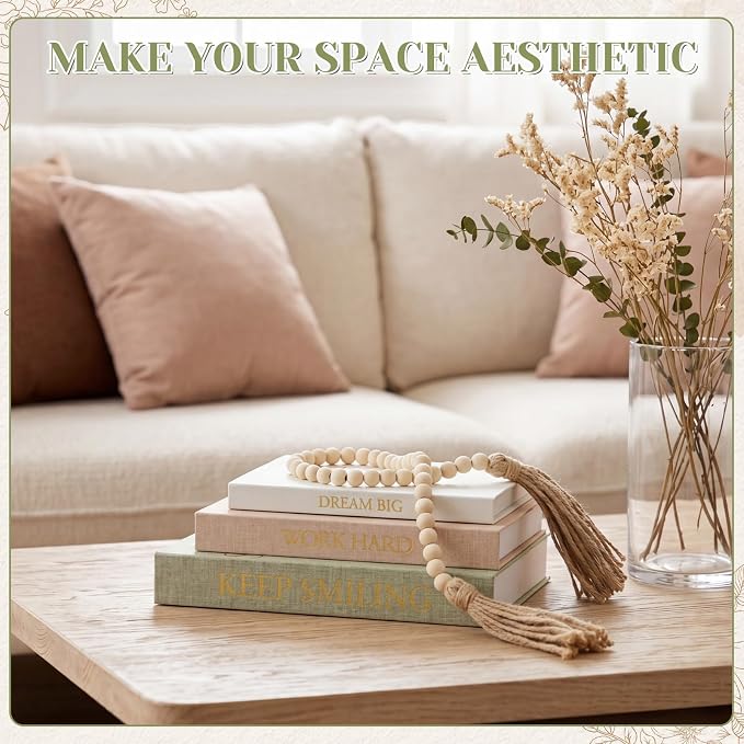 Lewtemi Aesthetic Decorative Books for Home Decor Set of 3 Linen Books with Wooden Beaded for Coffee Table Book Box with Faux Book Box Storage Neutral Living Room Decors(Inspire,Green,Beige,White)