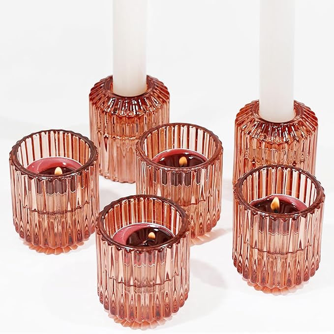Reversible Rde Glass Candle Holder Set of 6, Thick Heat-Resistant Glass Candlestick Holders for Taper, Tealight, Votive, LED Candles, Perfect for Wedding, Party, Home Décor