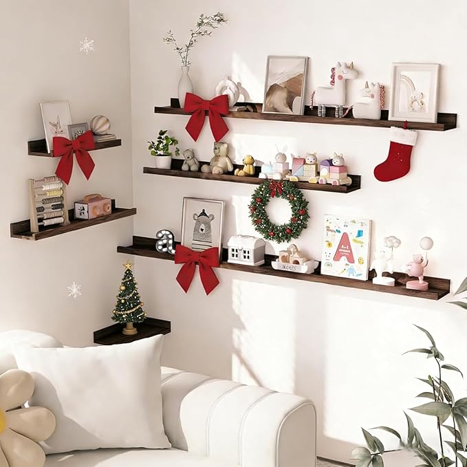 Heimlove Picture Ledge Shelf, Floating Shelves Set of 2, 27.56Inches Picture Shelf for Wall with Ledge, Kids Bookshelf Wall Mounted for Living Room Bedroom Decor Books Photo Frames - Walnet