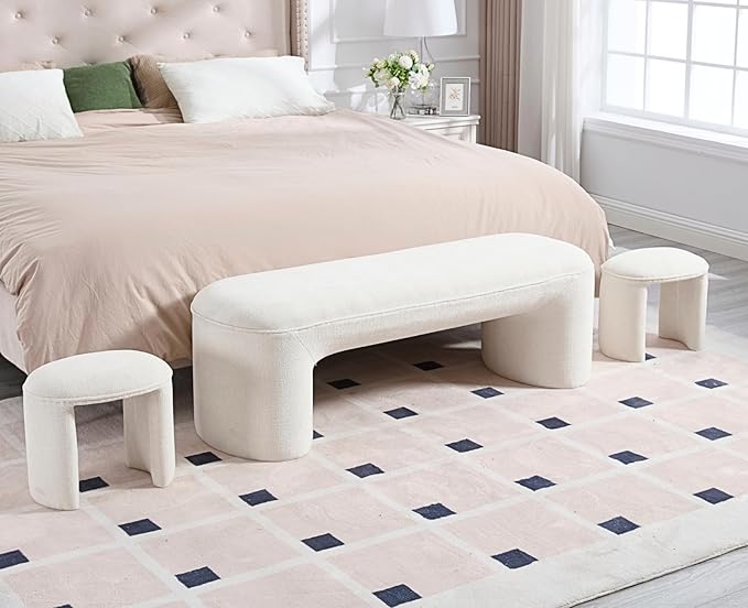 ROCITY 3-Piece Nesting Ottoman Bench Set, 53 Inch Long Bedroom Bench with 2 Foot Stools Chenille Padded End of Bed Bench Modern Upholstered Bench for Living Room, Entry, Porch, White