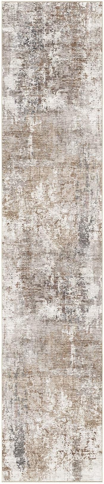 UERMEI 3x12 Washable Runner Rug for Hallway, Non Slip Low Pile Kitchen Carpet, Neutral Modern Abstract Indoor Floor Mat for Entryway Laundry, Kid & Pet Safe High Traffic Area, Brown/Grey/Red