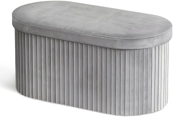 GLAXYFUR Oval Folding Storage Ottoman, Velvet Upholstered Foot Rest, 30 x 15 x 15 Inches Storage Bench for Bedroom, Living Room & Entryway (Grey-New)