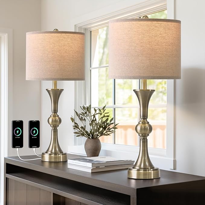 OYEARS 28" Table Lamps for Living Room Set of 2, Bedside Lamps for Night Stands Bedroom Lamps Farmhouse Lamp End Table Bed Side Lamp with USB C+A Charging Ports (Antique Bronze)