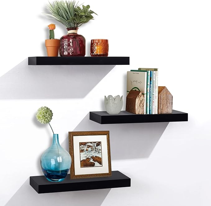 AHDECOR Black Floating Shelves, Wall Mounted Modern Shelves Decorative for Home & Office Decor, Ideal for Bedroom, Kitchen, Living Room, Set of 3