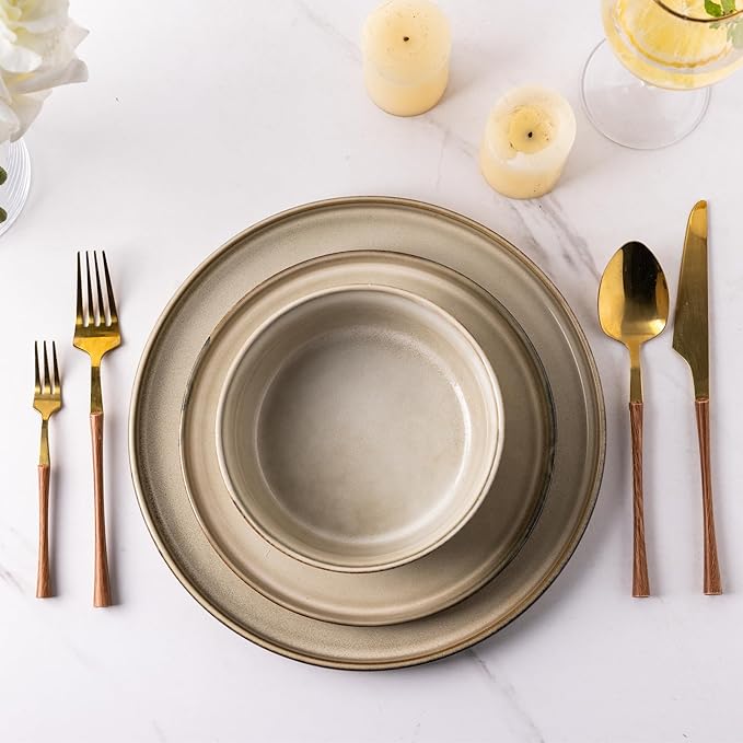 GBHOME Ceramic Dinnerware Sets for 6, 18 Pieces Stoneware Plates and Bowls Sets, Scratch Resistant Dishes, Dishwasher & Microwave Safe, Reactive Glaze-Cappuccino