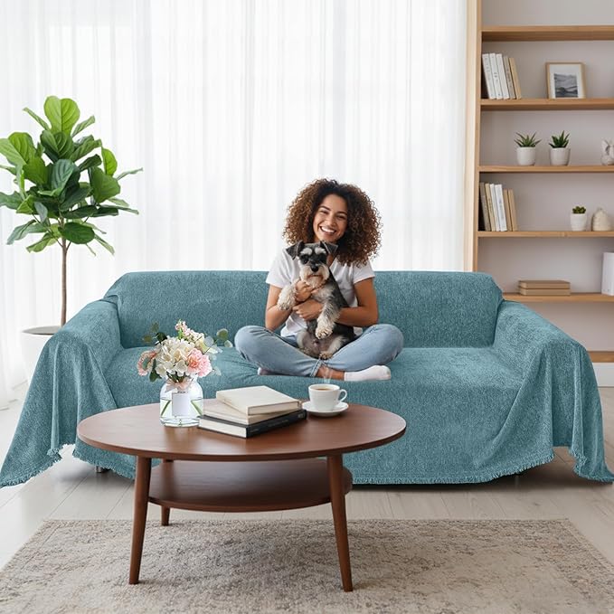 Smiry Couch Cover for Dogs, Washable Chenille Sofa Covers for 3 Cushion Couch, Soft Sofa Slipcover for Pets, Thick Sectional Furniture Protector with Tassels (Blue, 88.5x134 Inch)