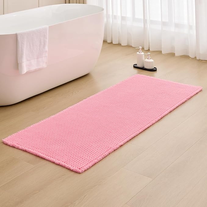 ILANGO Upgraded Waffle Bathroom Runner Rugs,Super Absorbent Boho Non Slip Bathroom Mats Quick Dry,Ultra Soft Machine Washable Mat with Tassels for Hallway,24x72,Pink