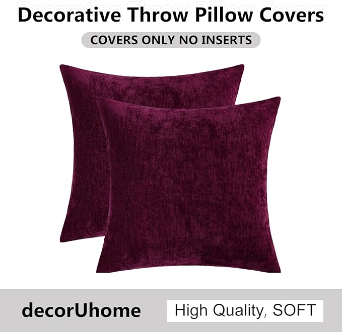 decorUhome Chenille Burgundy Throw Pillow Covers 18x18 Inch Set of 2, Decorative Soft Couch Pillow Covers Solid Dyed Accent Farmhouse Neutral Square Pillow Cases for Sofa