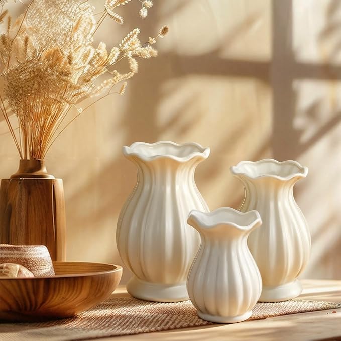 White Ceramic Vase Set of 3 Small Rustic Decorative Vases Home Decor Wavy Edge Modern Flower Vases for Farmhouse Table Centerpiece Shelf Living Room Kitchen Bedroom Bookshelf Decorations
