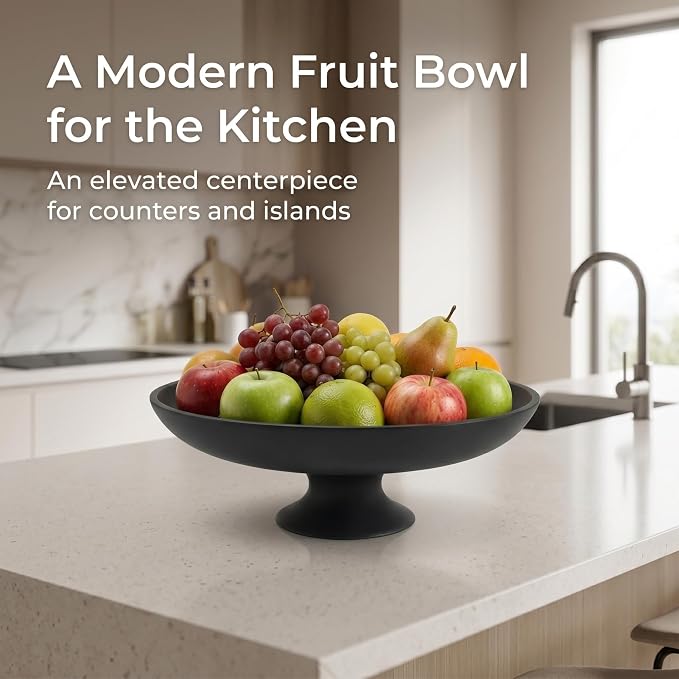 Black Concrete Fruit Bowl, Large Decorative Pedestal Bowl for Kitchen Counter, Modern Centerpiece Bowl for Coffee Table, Entryway Key Catch All Bowl, Black Home Decor