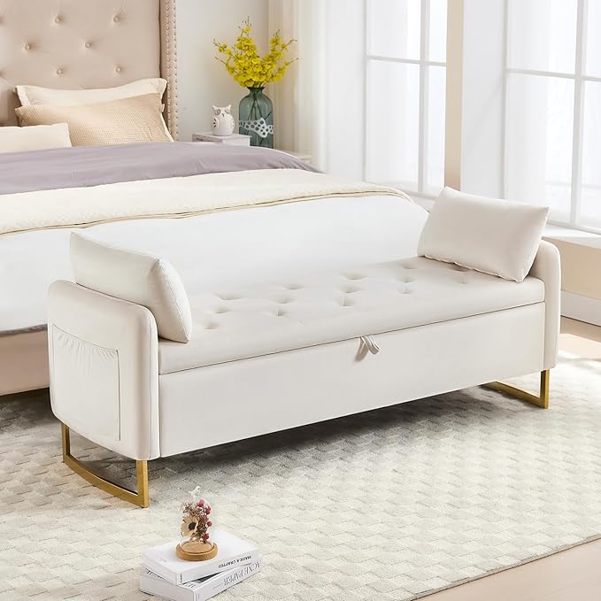 65" Storage Ottoman Bench, Velvet Storage Bench for Bedroom, End of Bed Storage Bench with Tufted Upholstered and Gold Legs, Bedroom Benches with Arms for Living Room Window and Entryway Beige