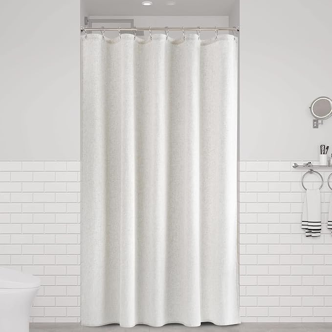 Naturoom 42 Inch Shower Curtain - Stall Narrow Half Linen Ultra Thick Fabric Shower Curtain Set with Hooks, Boho Farmhouse Rustic RV Camper Bath Curtains for Bathroom, Beige White, 42x72