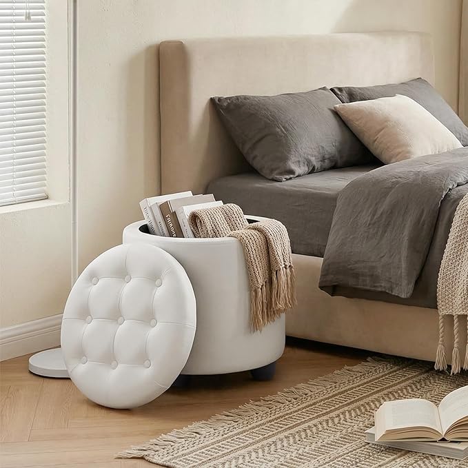 Furniliving Upholstered Button Tufted Round Ottoman, PU Storage Ottoman Round, Removable Lid Convenient Footstools, Classic Ottoman with Storage for Vanity, Nursery Room,IvoryWhite