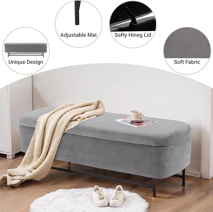 56" Boucle Storage Bench for Bedroom, Upholstered Teddy Ottoman Bench, Modern Extra Long Storage Bench for End of Bed/Entryway/Livingroom/Window (Charcol)
