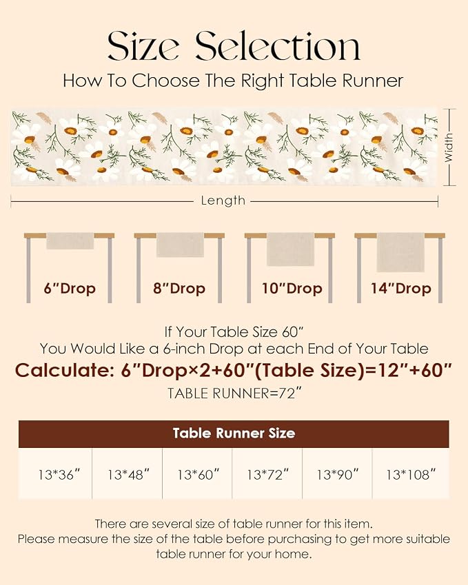 Canvas Embroidered Table Runner - 13"x 36" Short Coffee Table Runner for Living Room Tablerunner for Dining Room Washable Neutral Kitchen Island Counter Decor Housewarming Gift, Beige Daisy