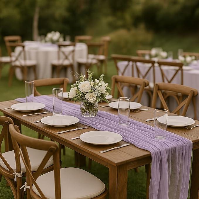6 Pack Lilac 10FT Purple Cheesecloth Table Runner –120 Inch Boho Gauze Table Runners for Spring Wedding, Birthday, Fairy Garden Bridal Shower Decor