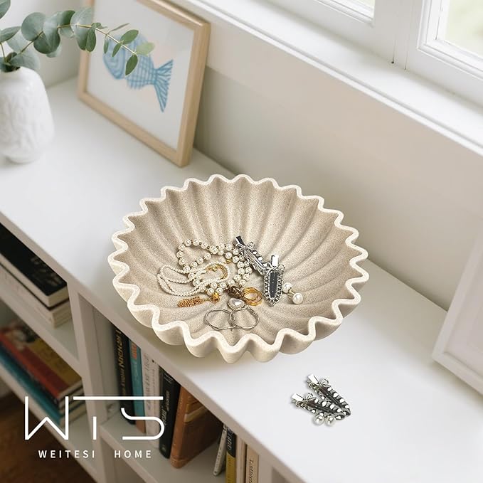 Decorative Fruit Bowl for Kitchen Counter, Large Decorative Bowl Modern Handicraft Bowl for Home Decor, Stylish Key Bowl for Entry Table, Coffee Table Decor, Home Decor Accent, Artificial Stone Beige