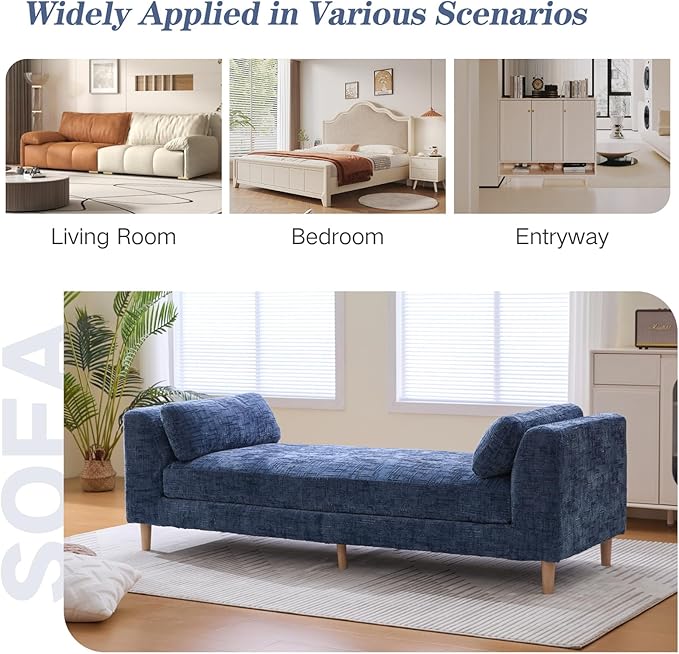 Chifee & Vingol 83.1" W End of Bed Bench King Size Bedroom Benches Upholstered Entryway Bench with Removable Pillows for Living Room Hallway,Blue