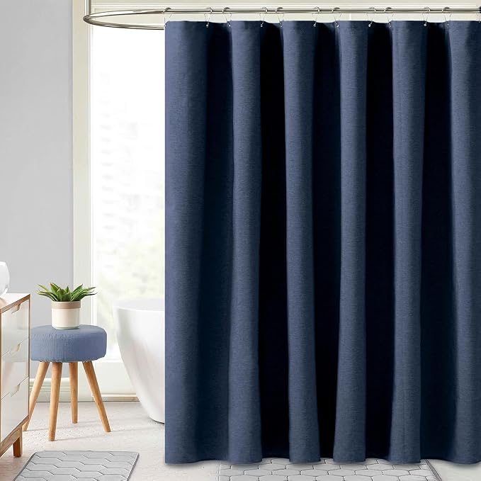 BTTN Extra Long Fabric Shower Curtain - 72x90 Inch Linen Textured Heavy Duty Cloth Shower Curtain Set with Plastic Hooks, Hotel Luxury Waterproof Tall Polyester Shower Curtains for Bathroom, Navy Blue