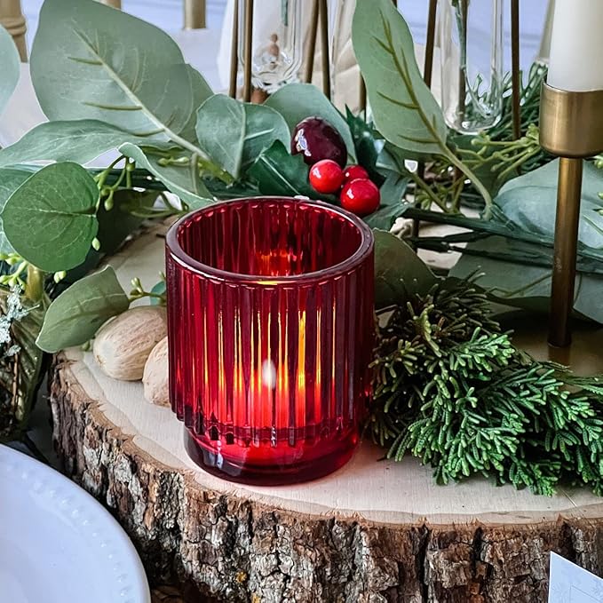 Kate Aspen 12PCS Vintage Ribbed Red Glass Tealight & Votive Candle Holders, Fall Decor, Boho Decor, Shelf Decoration for Wedding, Bachelorette, Bridal Shower & Anniversary