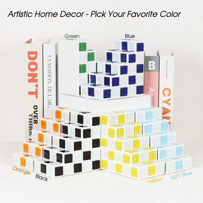 Decorative Bookends for Shelves - Stair Book Ends for Heavy Books - Unique Book Stopper & Holder for Shelves - Modern Home Decor Aesthetic Bookshelf Decor (Yellow & White)