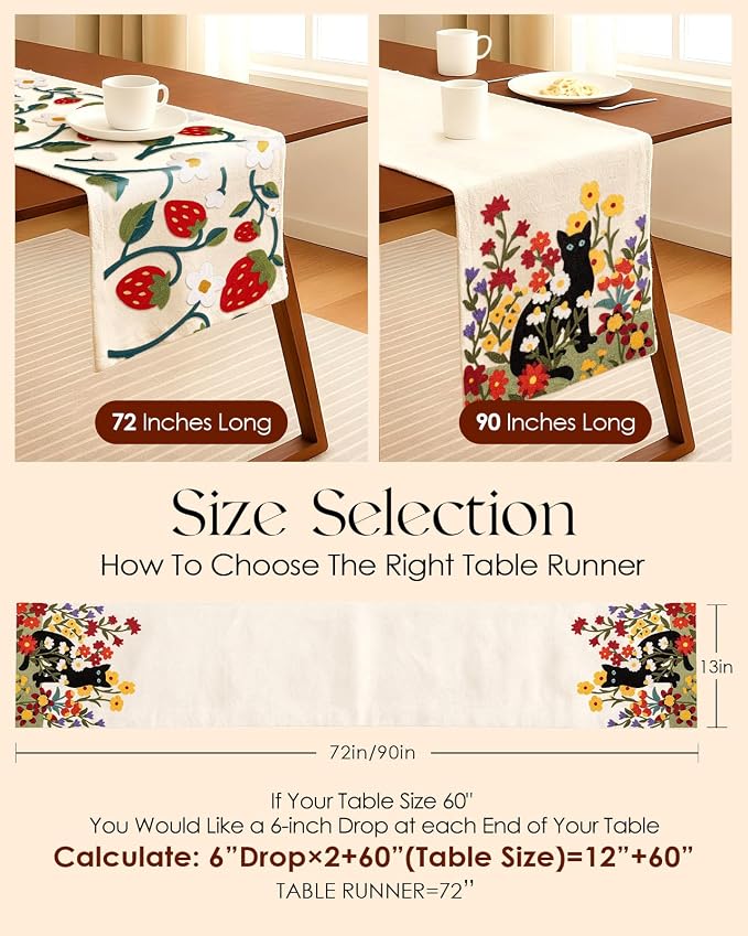 Canvas Embroidered Table Runner - 13"x 72" Coffee Table Runner for Living Room Tablerunner for Dining Room Washable Farmhouse Kitchen Island Counter Decor Housewarming Gift, Cat in Flower