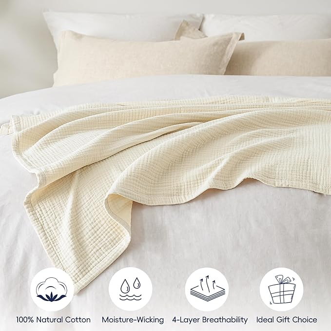PHF 100% Cotton Muslin Throw Blanket 50" x 60", 4-Layer Lightweight Gauze Throw, Breathable Cloud-Soft Minimalist Blanket for Bed, Couch, Camping, Birch, Ideal Gift