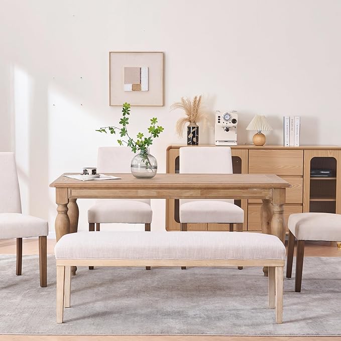 Rowill 53 Inch Long Entryway Bench for Bedroom End of Bed, Dining Room Bench with Upholstered Padded Seat and Solid Wood Leg for Kitchen, Living Room, Indoor and Hallway, Beige