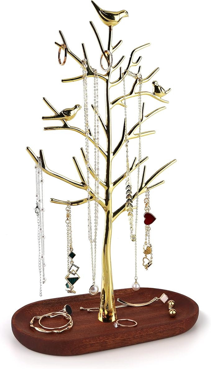 MORE&LESS Branch Jewelry Rack with wood tray,Retro color,Tree Tower Rack Hanging Organizer for Ring Earrings Necklace Bracelet,Suitable for living rooms, bathrooms,offices,etc.