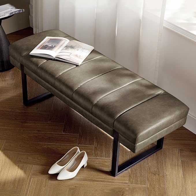HULALA HOME 53" Faux Leather Entryway Bench, Button Tufted End of Bed Bench Ottoman for Bedroom, Living Room with Metal Base, Grey
