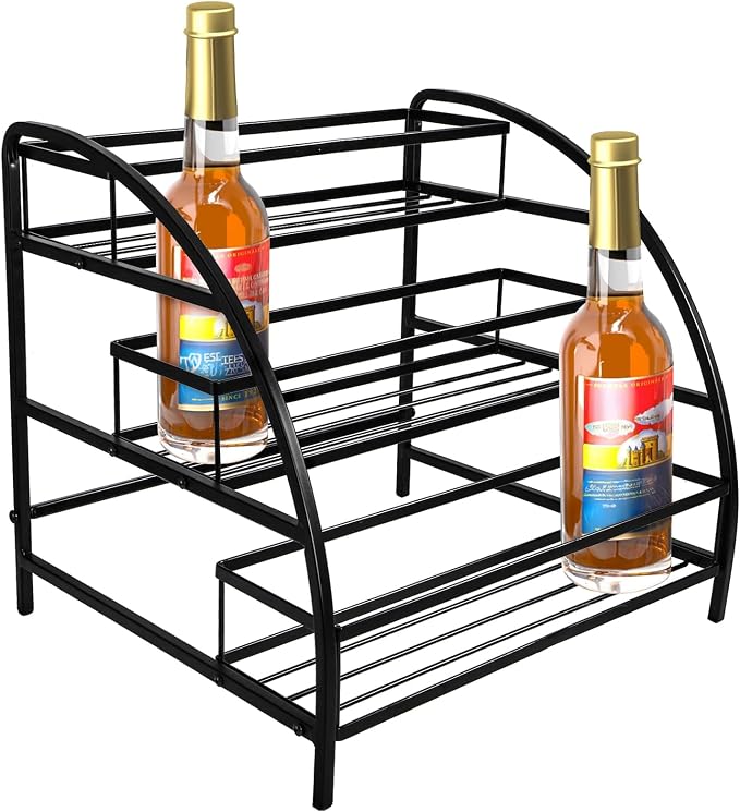 Cididu Coffee Syrup Organizer Rack, 9-12 Bottles Syrup Stand Holder for Countertop, 3 Tier Metal Small Wine Rack, Bottle Storage Shelves for Coffee Bar Station, Kitchen, Spice, Soda, Dressing