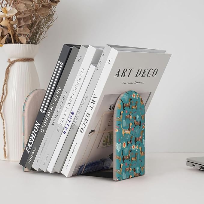 Cartoon Dachshund Dog L-Shaped Book Ends 1 Pair Wood Bookends Book End Supports for Heavy Book Shelf Holder Home Decorative