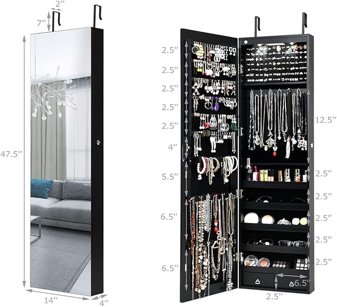 Jewelry Armoire Cabinet with Full-Length Mirror, 2 LEDs, 2 Keys, Makeup Pouch, Bracelet Rod, 2 Drawers, Wall Door Mounted, Full Screen Jewelry Cabinet for Bedroom (Black)