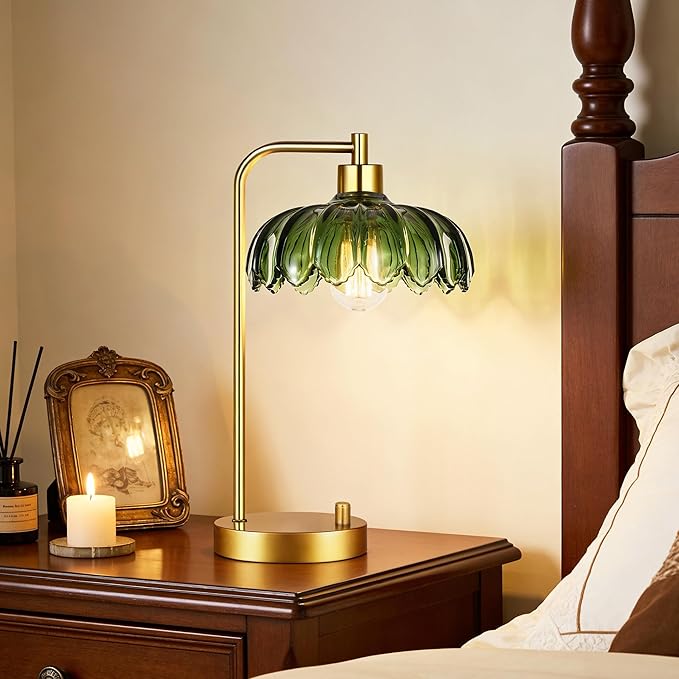 ILLMTW Glass Table Lamp Set of 2,Small Gold Bedside Lamps Dimmable Boho Bedroom Lamp with Tulip Flower Green Lamp Shade,Vintage Mid Century Modern Mini Nightstand Lamp for Bedroom Living Room