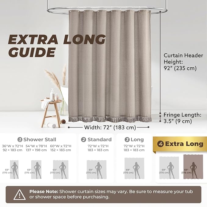 96inch Extra Long Shower Curtains 72 x 96 Inches Taupe Shower Curtain Linen Shower Curtain with Tassels Boho Shower Curtains for Bathroom Rustic Farmhouse Shower Curtains Bath Decor