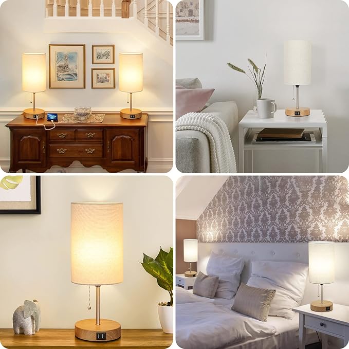 Lakumu Set of 2 Table Lamps with 2 USB Ports, Modern Bedside, Desk Lamps with Pull Chain, Nightstand Lamps with Cream Fabric Shade and Oak Metal Base for Living Room Bedroom Office Reading Dorm Hotel
