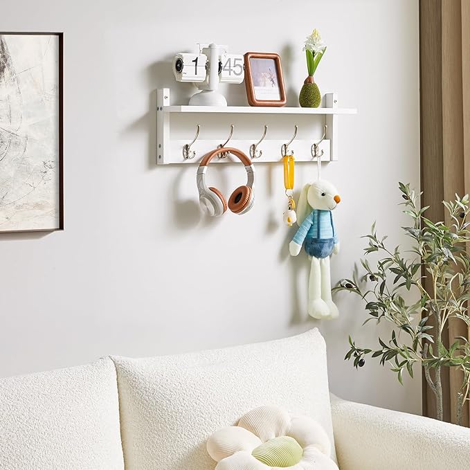 YMYNY 2 Pack 23.6" Coat Rack Wall Mount with Shelf, Coat Hooks Wall Mount, Wall Hooks for Hanging, Coat Hanger Wall Mount, Hat Rack for Wall, Towel Hooks for Bathrooms, White UHWS004W-2
