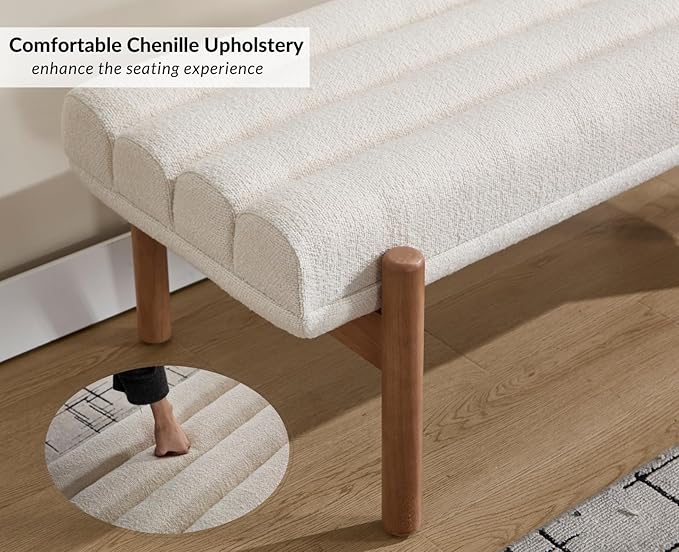 EALSON 47 Inch Entryway Bench Fabric Upholstered End of Bed Bench Modern Bedroom Bench with Cylindrical Cushion and Solid Wood Frame Comfy Chenille Long Ottoman Bench for Bedroom Living Room, Beige