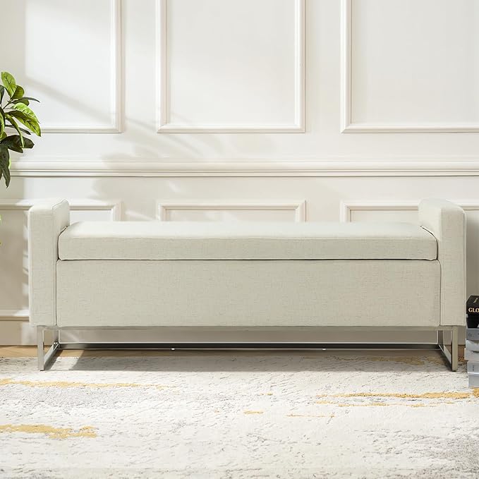 58.4" Ottoman with Storage,Upholstered Entryway Bench for Bedroom and Living Room,End of Bed Bench with Metal Base,Linen