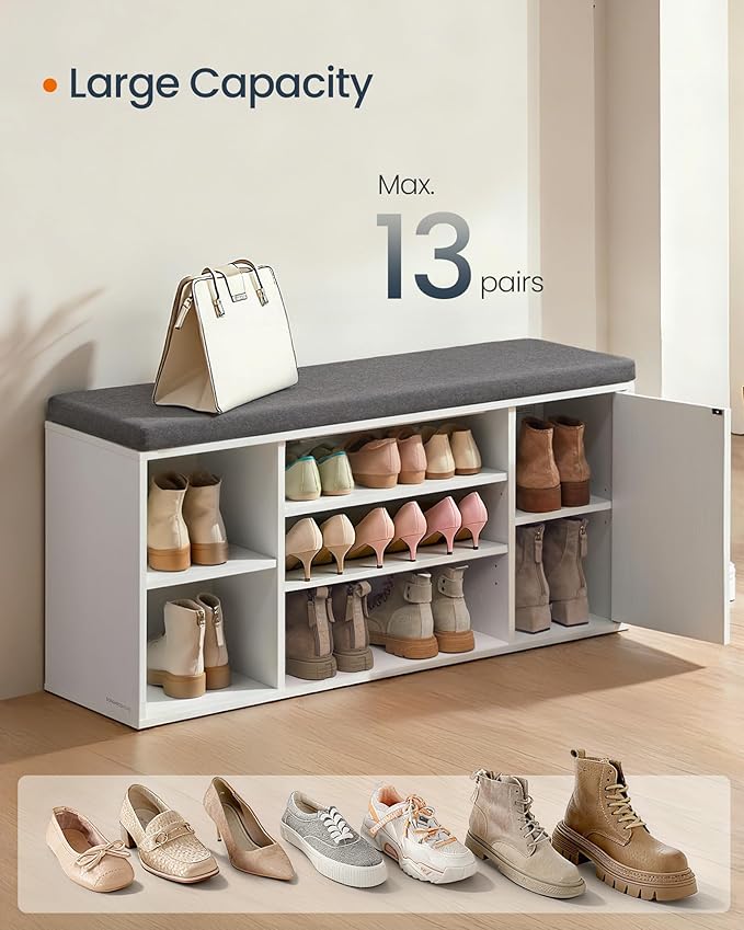 SONGMICS HOME Storage Bench, Superfast Toolless Assembly, 41" Wide Entryway Shoe Cubby Bench with Cushion & Adjustable Shelves, Window Shoe Rack Cabinet, Snow White and Slate Gray ULHS391WE02S
