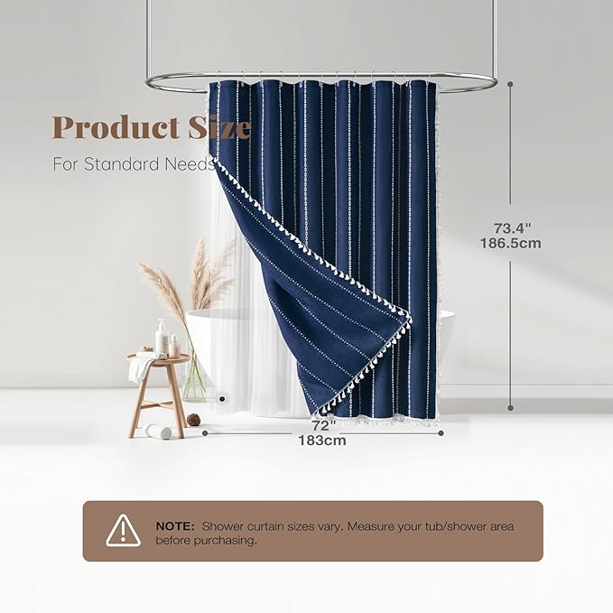 BTTN 3 in 1 Shower Curtain with Liner, Navy Blue Boho Linen Striped Cloth Shower Curtain Set with Plastic Hook, Farmhouse Bohemian Country Cute Waterproof Fabric Shower Curtain for Bathroom, 72x72