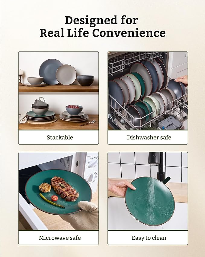 Famiware Venus 24-Piece Stoneware Dinnerware Set for 6 - Includes Pasta Bowls & Dinner Plates with Trim, Dishes for Everyday & Formal Use, Chip Resistant, Microwave & Dishwasher Safe, Matte Dark Green