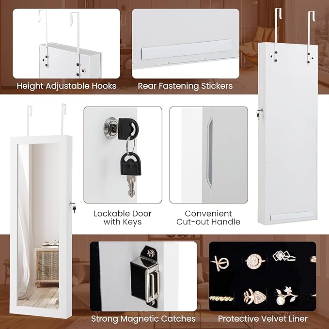 LOKO Mirrored Jewelry Cabinet, Wall/Door Mounted Jewelry Armoire Organizer with 42.5'' Full-length Mirror, Internal LED Lights, Hanging Hooks, Lockable Door & Keys, for Living Room Bedroom Closet