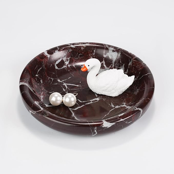 Trinket Marble Jewelry Tray - Stone Ring Key Purse Holder Dish, Small Cute Round Plate Decorative Bowl for Nightstand Entryway Coffee Table Decor (5.5 inch)